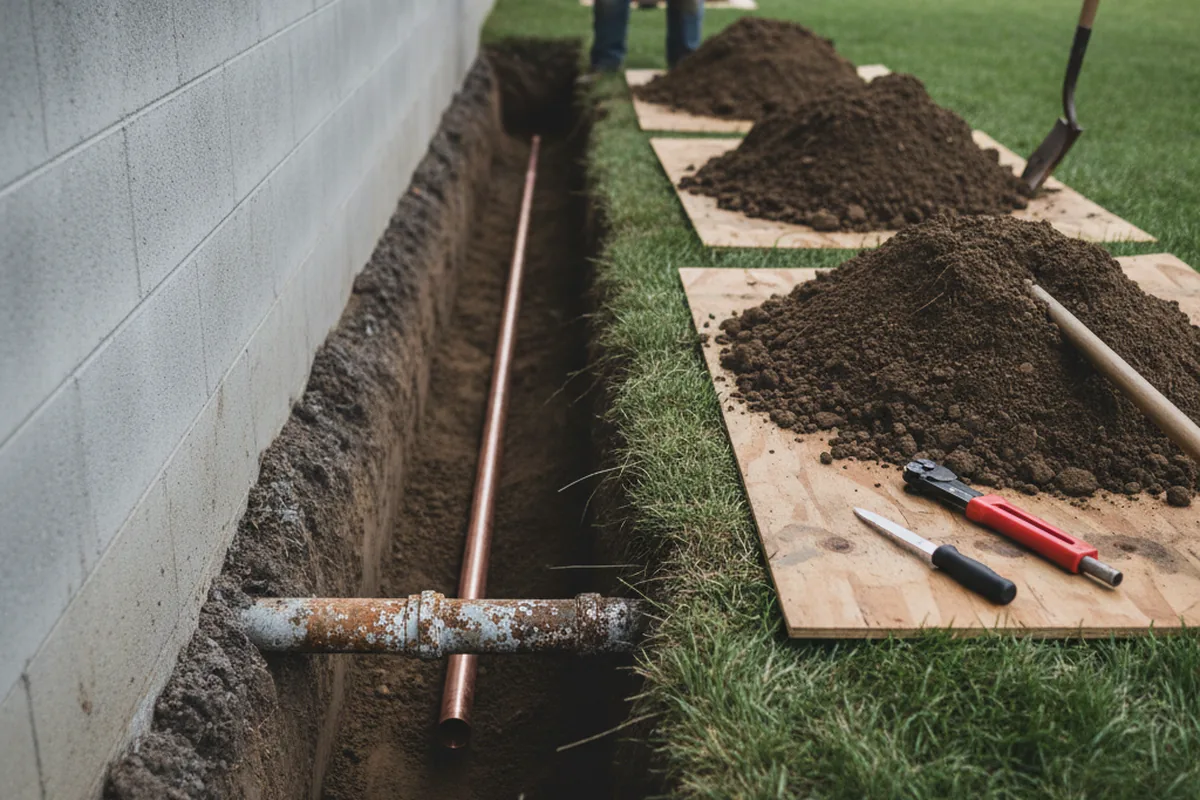 Excavated water line trench during Water Softener Installation in Selbyville